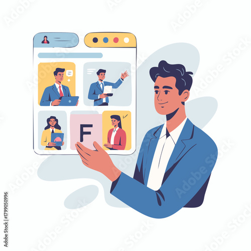 Man interacting with a virtual meeting or online collaboration platform displaying multiple user profiles.