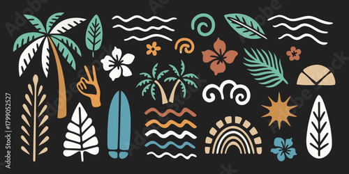 Vibrant tropical summer elements collection featuring palm trees surfboards flowers waves and rainbows