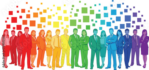 Diverse business professionals standing together in colorful gradient silhouettes, teamwork collaboration concept, modern corporate workforce illustration with vibrant digital design elements