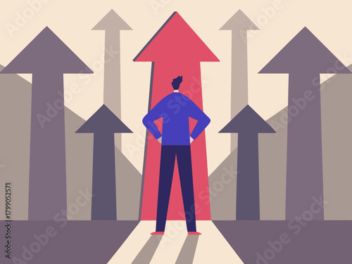 Man standing confidently in front of a bright red arrow symbolizing success and growth