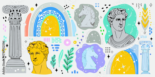 Collage of ancient greek statues and modern abstract shapes with rainbow and stars