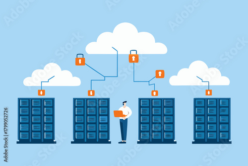 Man with laptop connecting to secure cloud servers and data storage with digital locks
