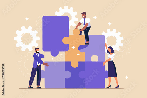 Diverse team of business professionals collaborating to assemble a complex puzzle representing teamwork and problem solving