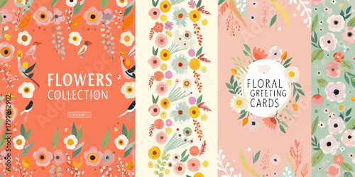 Collection of beautiful floral patterns and greeting card designs with birds and flowers