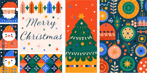 Festive christmas collage featuring santa claus snowmen decorated tree and ornaments with merry christmas text