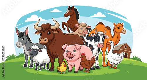 Cartoon farm animals standing together on green field, cute barnyard livestock illustration for kids, educational agriculture design and rural themes