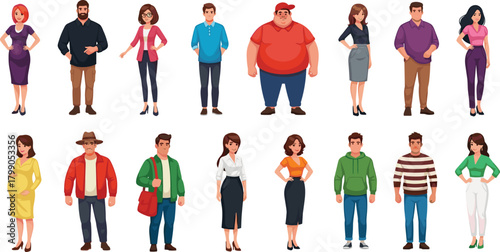 Diverse cartoon men and women standing in various casual and professional outfits, full body character illustration for design, animation, creative projects