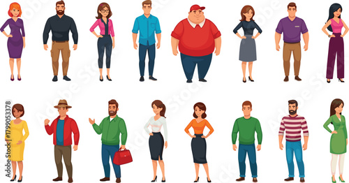 Diverse group of cartoon men and women standing in casual and professional outfits, full body character illustration for design, animation, presentation use