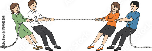 Business people pulling rope in tug of war, teamwork competition, collaboration challenge, group effort illustration, corporate conflict and cooperation concept