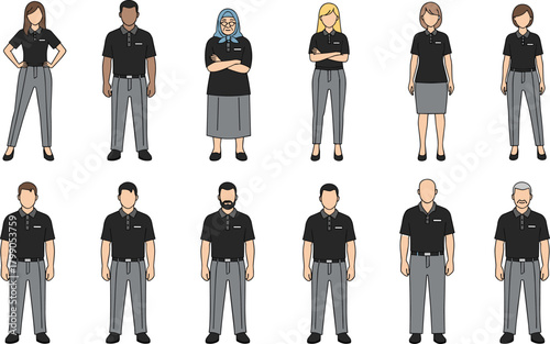 Diverse workplace staff illustration, uniformed employees, black shirt gray pants, inclusive team, professional attire, cartoon style, vector characters, diversity