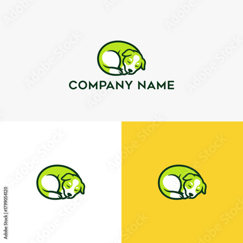 Simple yet striking green circular logo design featuring a sleeping dog, perfect for pet care or wellness brands