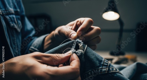 Close up of man hands sewing a rip in denim clothing with needle and thread.