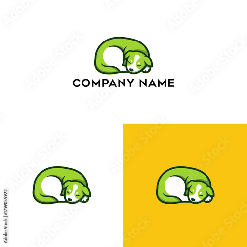 Creative and friendly logo design featuring a sleeping green puppy. The animal is curled up, forming a simple and memorable icon for a pet care brand
