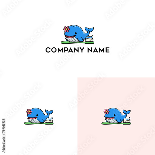 A cheerful cartoon blue whale mascot wearing sunglasses and a hibiscus flower, relaxing on a green mat next to a toothbrush and toothpaste, an adorable character logo design