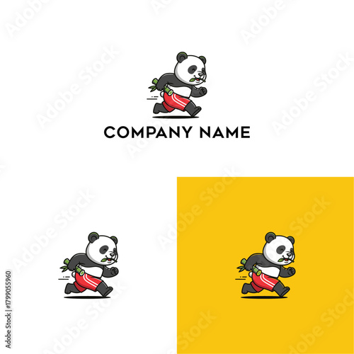 Playful Panda Character Running with a Red Chili Pepper Icon - Perfect for Food Brands and Restaurants