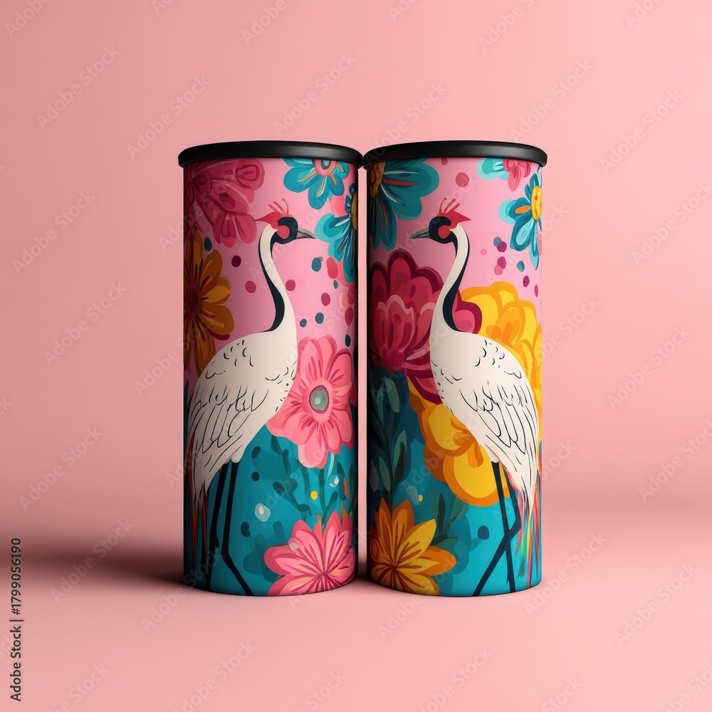 Obraz premium Two vibrant, decorative containers featuring elegant cranes amidst colorful floral patterns against a soft pink background.