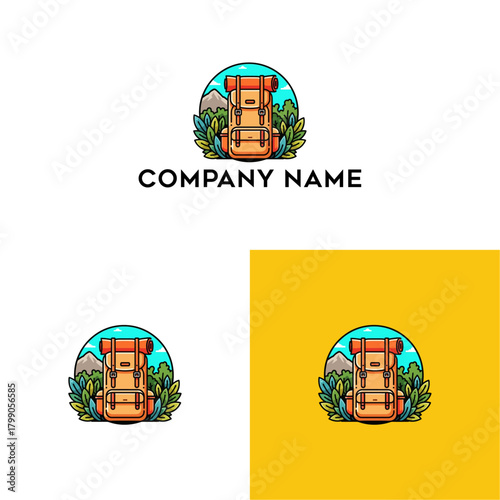 Colorful hiking gear logo concept featuring a rucksack against a mountain landscape for travel and exploration