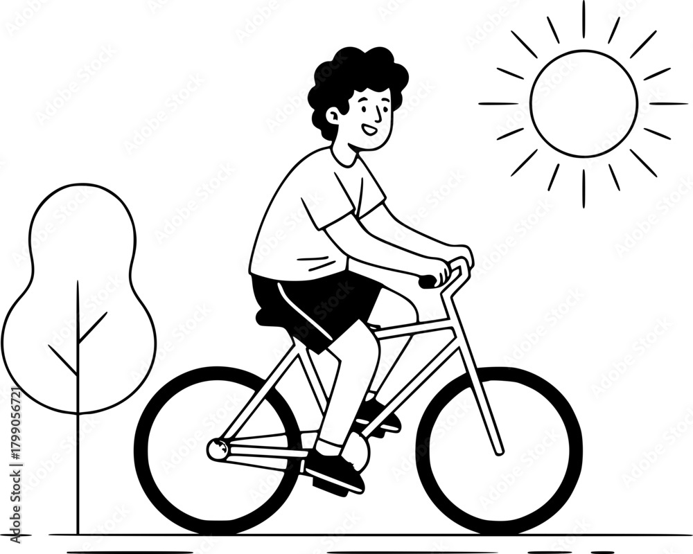 Fototapeta premium Black and White Cartoon Character Morning Cycling Vector — Coloring Page 