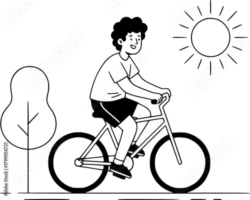 Black and White Cartoon Character Morning Cycling Vector — Coloring Page
