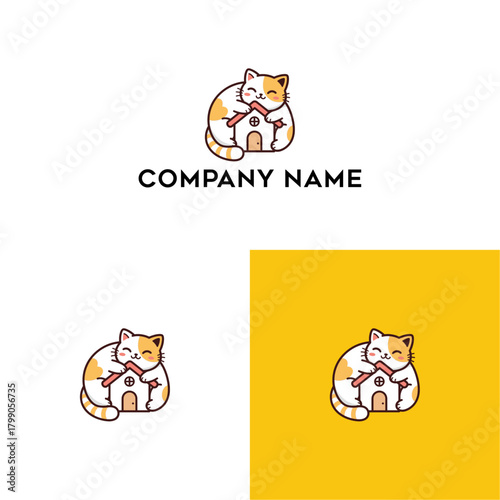 Playful vector logo of a smiling cat affectionately hugging a small, cozy house, symbolizing warmth, comfort, and security. Perfect for pet-related businesses or home services