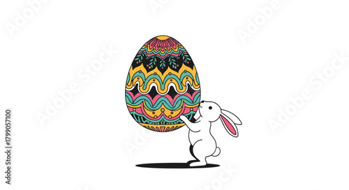 A cute white bunny balances a vibrantly decorated Easter egg on its nose.