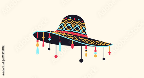 A traditional sombrero adorned with colorful tassels and intricate patterns is displayed.
