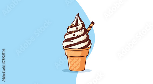 A delicious swirl of chocolate and vanilla soft serve ice cream in a waffle cone.