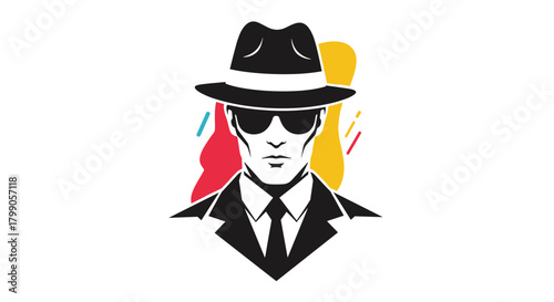 A mysterious man in a fedora and sunglasses wearing a suit and tie.