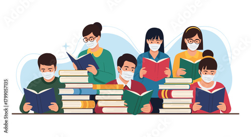 People wearing masks read books in a library surrounded by stacks of literature.