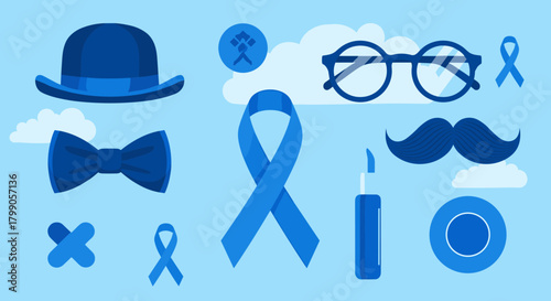 Celebrating men's health awareness and support with blue ribbons and gentleman's accessories.