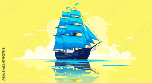 A majestic sailing ship with bright blue sails glides across a calm sea under a vibrant yellow sky.
