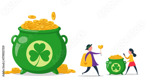 Two people are looking for a pot of gold at the end of the rainbow on Saint Patrick's day.