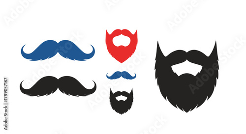 Collection of stylized mustaches and beards in various shapes and colors.