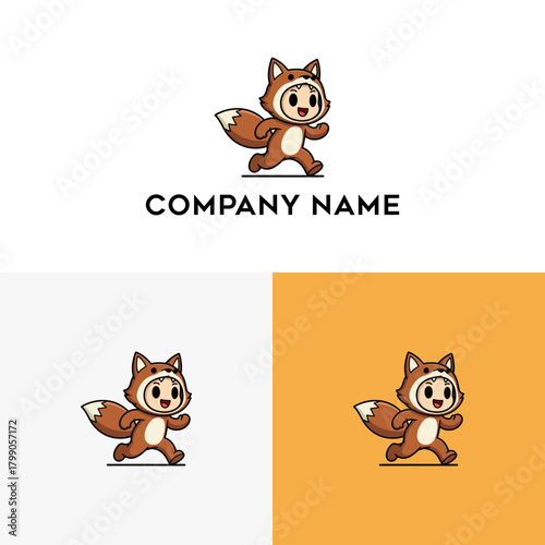 Adorable cartoon child in a charming fox costume, playfully running and smiling, an ideal vector illustration for a delightful mascot, children's brand logo, or engaging educational design