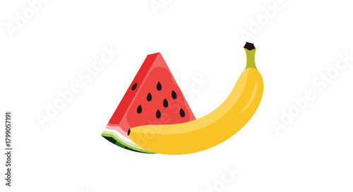 A refreshing slice of watermelon sits beside a ripe yellow banana.