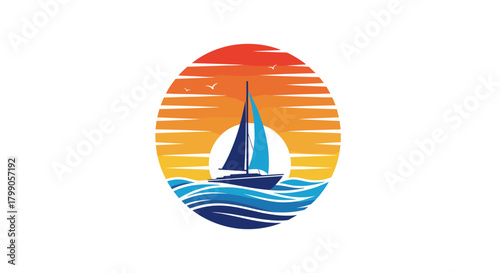 A sailboat glides across the ocean waves at sunset with seagulls flying overhead.