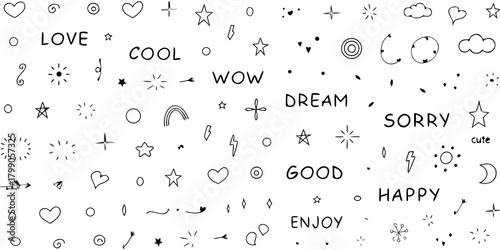 Collection of hand drawn doodle elements including words hearts stars clouds rainbows and arrows on a white background