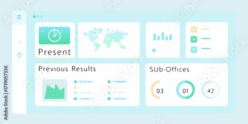 Modern dashboard interface with colorful charts and world map for business analytics and data visualization