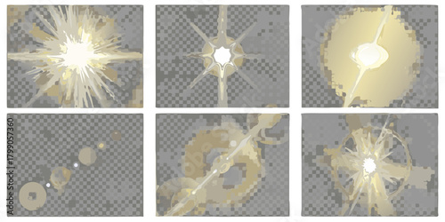 Collection of six abstract light flares and lens effects on a transparent background