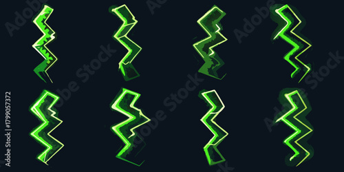 Collection of eight stylized green lightning bolt icons with a glowing effect on a dark background