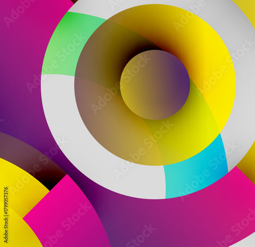 Abstract colorful circles overlap, creating dynamic visual depth. Bright hues blend, forming intriguing patterns. Modern design.