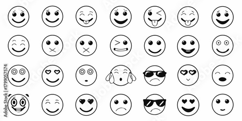 Collection of diverse black and white line art emoji faces expressing a variety of emotions and gestures