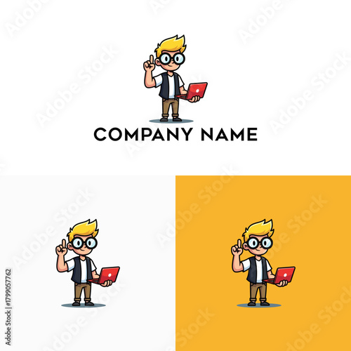 Cartoon geek mascot logo of a smart boy with glasses holding a laptop and pointing a finger up, representing an idea for a tech company