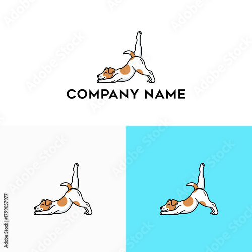 Illustrated logo of a happy Jack Russell Terrier dog in a yoga stretching pose. Ideal for a veterinarian, pet shop, or dog walker brand