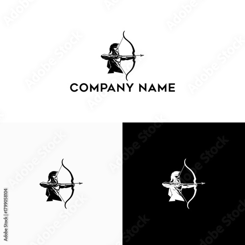 Archer Logo Design Silhouette of hooded figure aiming bow and arrow, creating a powerful symbol for target oriented businesses