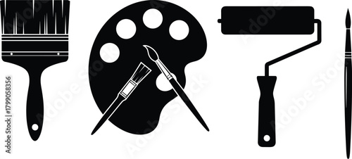 Silhouette Collection of Painting Tools- Flat Brush, Artist Palette, Crossed Brushes, Paint Roller, and Fine Round Brush on White Background