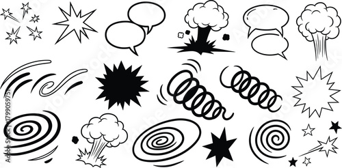 Collection of hand drawn comic book style sound effects and explosions