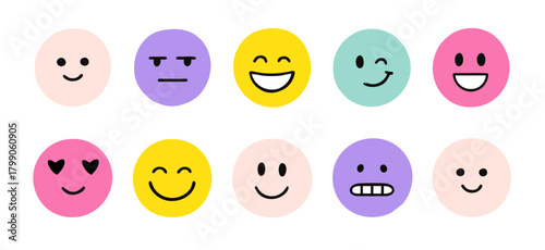 A delightful collection of colorful, minimalist emoji faces expressing a wide range of emotions, perfect for digital communication and playful designs.
