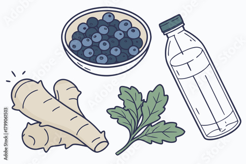 Fresh blueberries, ginger, and other ingredient for healthy detox diet