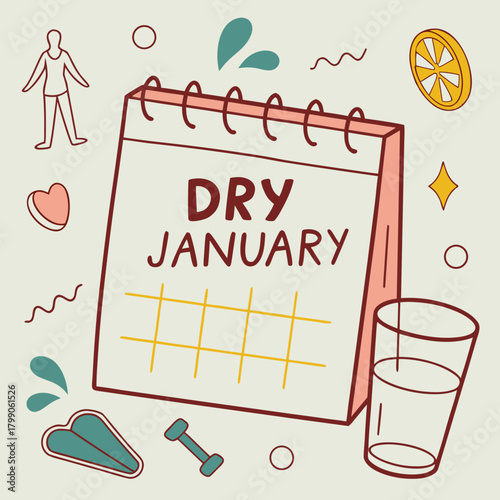 Dry January Calendar with health icons illustration
